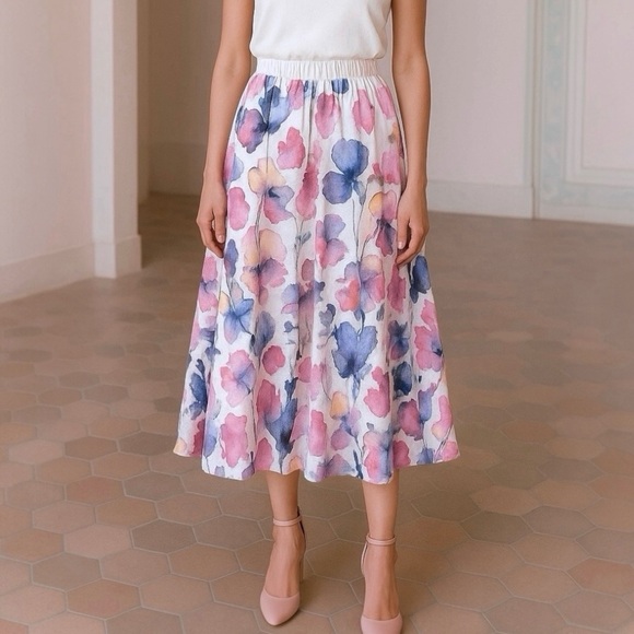 Luca Vanucci 100% Linen Stretch Waist Watercolor Pastel Floral Midi Skirt Size M - Picture 1 of 6